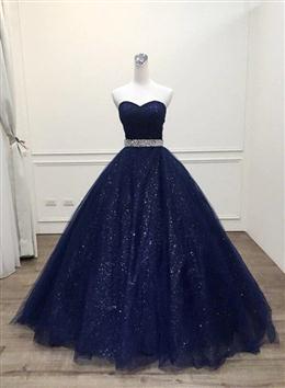 Picture of Blue Tulle Long Evening Gown Party Dresses, Navy Blue Sweet 16 Gown